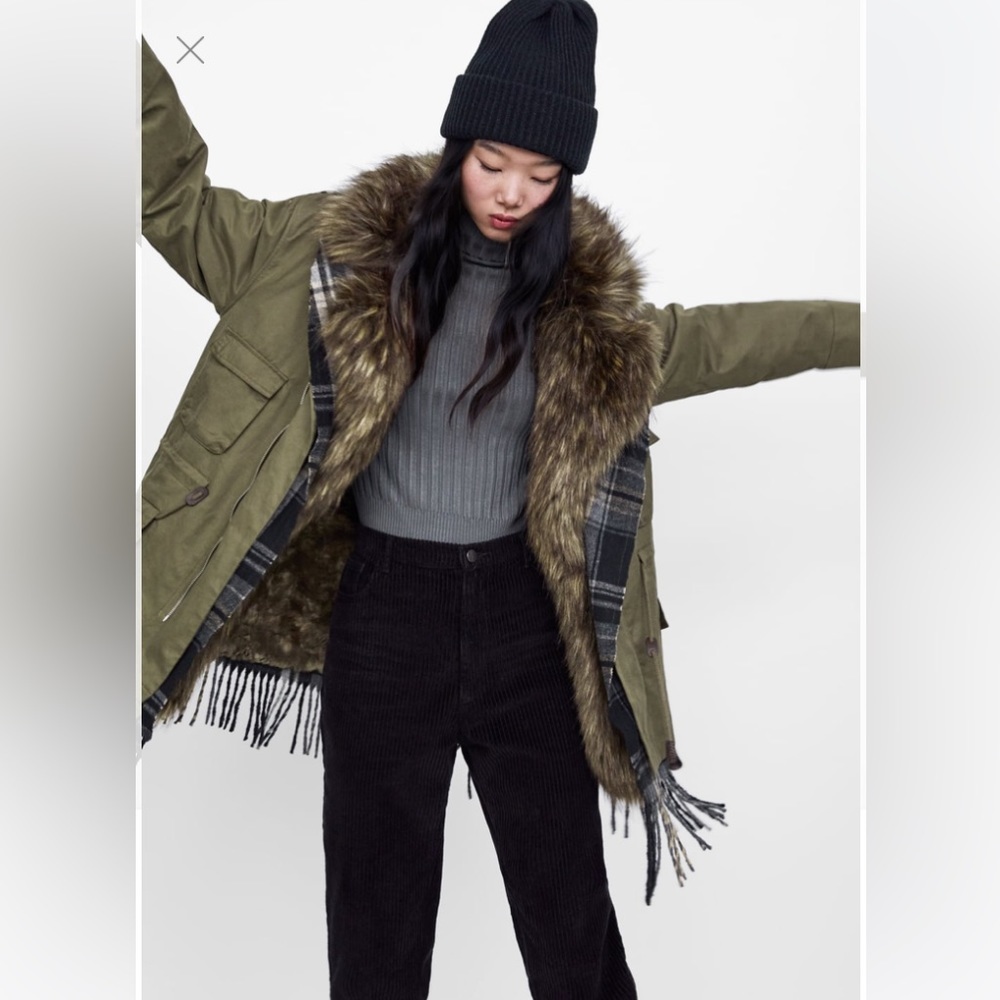 ZARA CONTRAST CHECKED FAUX FUR PARKA COAT JACKET NEW WITH TAGS SIZE XS KHAKI